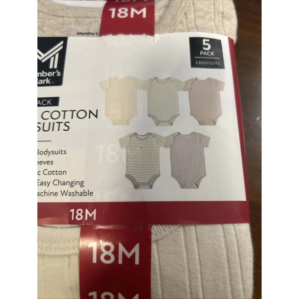 Member's Mark  Soft Organic Cotton Bodysuits  5 Pack Size 18 Month